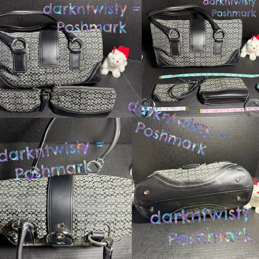 3pc VTG LRG Coach SoHo Navy Jacquard signature Leather/textile Satchel LIKE NEW - Picture 3 of 16